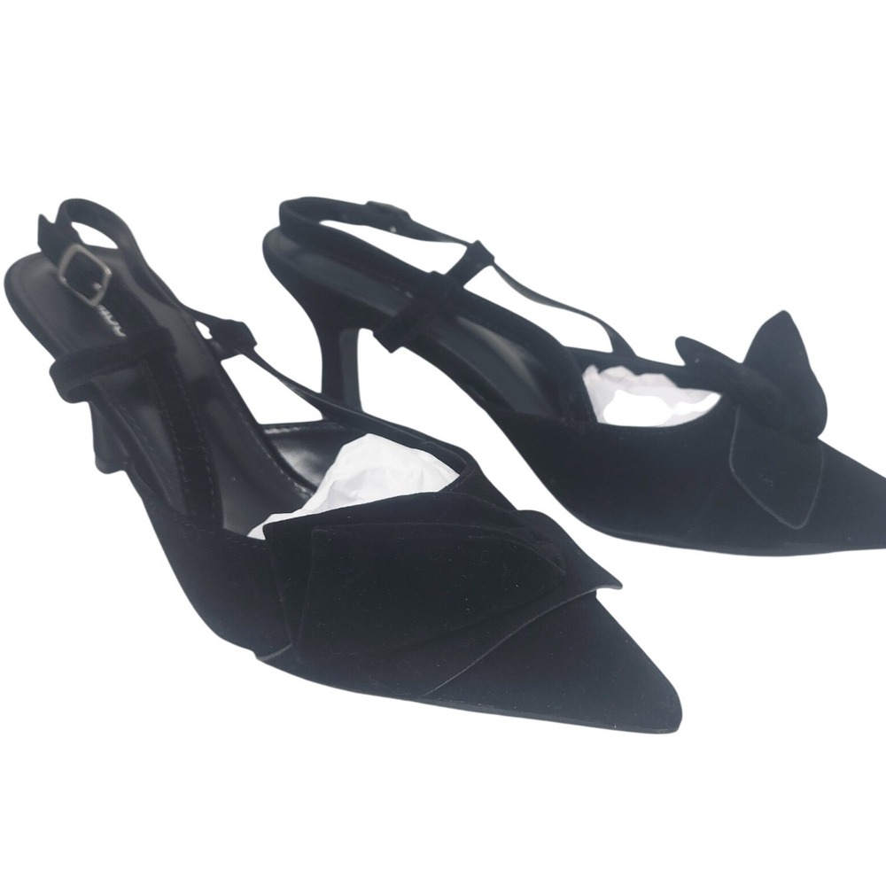 CAMSCOO Black Suede Pointed Toe Slingback Bow Kitten Heels Women Size 7.5 - Picture 2 of 12
